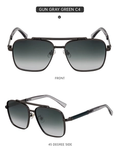 Detailed front and side views of gun gray metal square frame sunglasses with green lenses