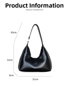 Detailed size specifications of black crescent faux leather underarm bag with dimensions