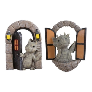 Creative resin dragon figurines set with stone archway and window for Halloween decor