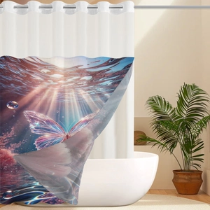 Detailed macro view of purple butterfly print on waterproof polyester fabric shower curtain