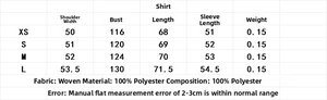 Tableau des tailles détaillé pour ensemble chemise ample et pantalon large
