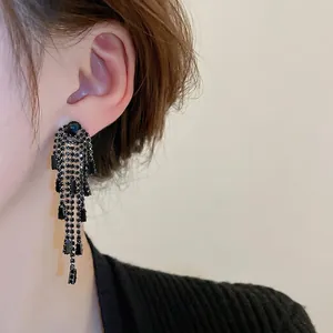 Long black tassel earrings with zircon stones in a dark luxury vintage style