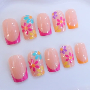 Colorful floral French square press-on nails with daisy patterns and bright tips