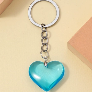 3D translucent blue resin heart keychain with silver metal link chain and ring
