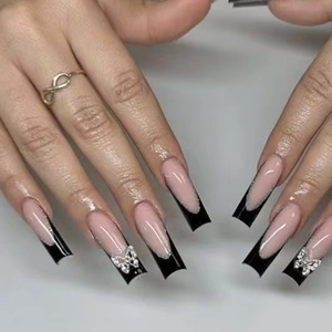 Long French Press On Nails Black Pink Coffin Fake Nails With Butterfly Charms Rhinestones Removable Manicure For Women