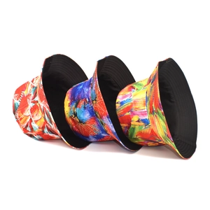 Tie-dye gradient bucket hats for men and women showing three artistic colorful patterns