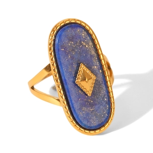 Macro view of 18K gold stainless steel ring with blue stone and bead texture details