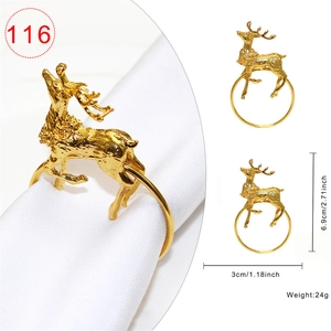 Detail of golden reindeer napkin ring with dimensions and close-up metal texture