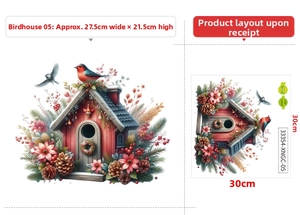 Christmas wall decal layout with red birdhouse, pine cones, and 30x30cm size guide