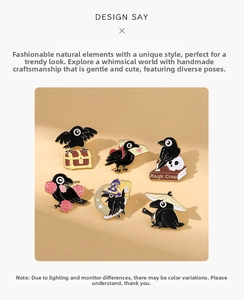 Detailed collection of six unique black crow enamel pins with magical and artistic motifs