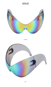 Front and side views of futuristic gold wrap-around shield sunglasses for Y2K style