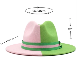 Detailed size chart of pink and green fedora hat with dimensions and striped ribbon band