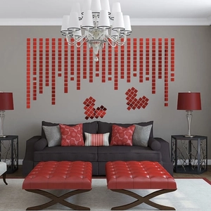Red acrylic mirror wall stickers in mosaic heart pattern for living room decor