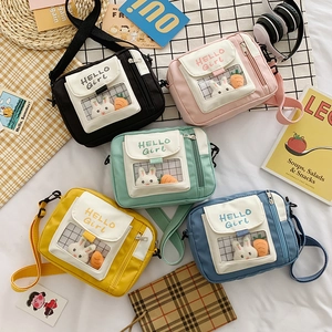 Süße Canvas Umhängetasche Mit Fenster Kaninchen Plüschtier HELLO Girl Druck Kleine Quadratische Messenger Für Schüler