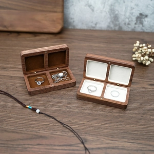 Overhead view of double-square black walnut jewelry box with premium velvet lining