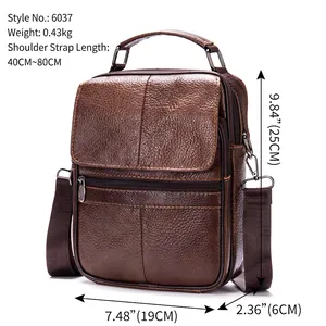 Deep brown genuine leather messenger bag for men with adjustable strap and top handle