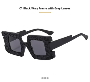 Side view of square sunglasses with black matte frame and cutout textures