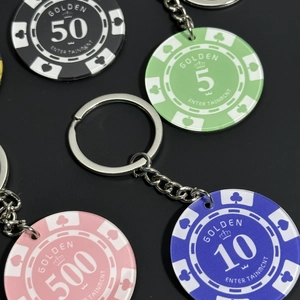 Creative acrylic poker chip keychains in four colors featuring golden crown engraving