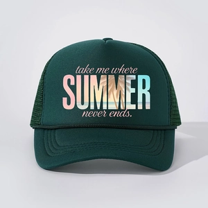 Dark green adjustable trucker hat with summer sunset print and breathable mesh back
