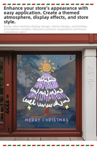 Detailed view of pink and purple Christmas tree glass stickers with festive lettering