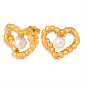 Textured heart-shaped gold-plated stud earrings with center white pearl inlay