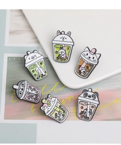 Detailed set of 6 cute animal bubble tea enamel pins featuring panda and bunny designs