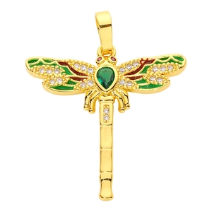 Detailed view of dragonfly pendant with green enamel wings and zircon stones
