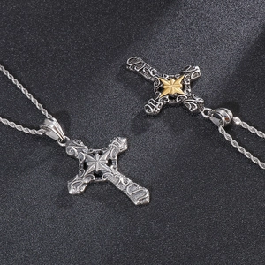Vintage punk stainless steel cross necklaces with silver and gold finish on rope chains
