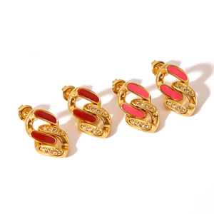 French vintage style 18k gold plated stainless steel earrings with enamel and zircon