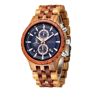 Montre KUNHUANG pour homme en bois multifonction avec cadran bleu et chronographe
