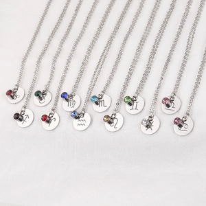 Zodiac Birthstone Necklace 304 Stainless Steel Pendant Twelve Constellations Polished Jewelry Gift For Women Men
