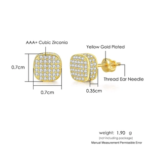 Hiphop square stud earrings with 18K gold plating and AAA+ cubic zirconia stones