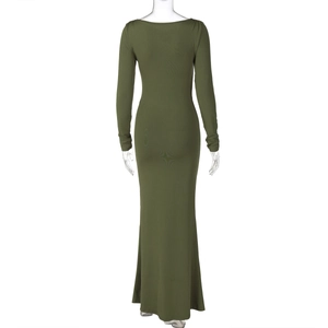 Rear view of olive green slim fit floor-length maxi dress with elastic knit texture