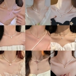 Collage of pearl necklaces featuring gold pendants and various layered styling options