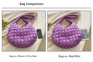 Detailed size comparison of purple quilted hobo bag with iPad and iPhone 14 Pro Max