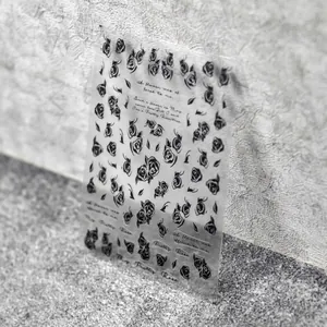 Vintage black rose nail stickers with script text on ultra-thin film, model TO-2056