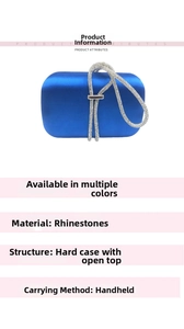 Blue satin evening clutch bag with sparkling silver rhinestone ring handle detail