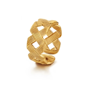 Minimalist gold woven texture stainless steel open ring with adjustable band design