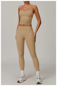 Detail of high-elasticity brushed yoga set with square neck top and high-waist leggings