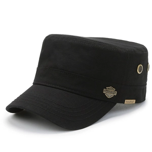 Classic black cotton cadet cap with side metal shield emblem and breathable mesh vents