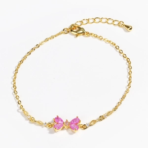 Gold-plated minimalist heart butterfly bracelet with pink zirconia stones for women