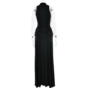 Back view of a sleeveless high-neck black maxi dress with elegant waist pleats and side slit