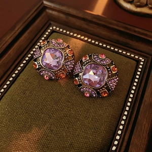 Vintage gold square earrings with purple gemstone and colorful crystal setting