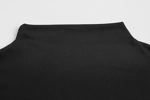 Close-up of the black mock neck collar showing the elastic knitted fabric texture