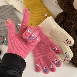 Cute women winter knit fingerless gloves with funny face embroidery, warm touch screen design.