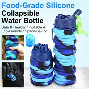 Foldable food-grade silicone water bottle with blue camouflage pattern and carabiner