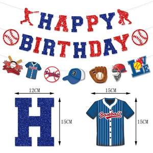 Baseball themed Happy Birthday banner with glitter letters and sports equipment cutouts