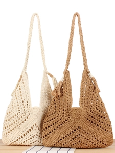 Handmade Cotton Rope Woven Shoulder Bag Hollow Out Triangular Beach Vacation Handbag And Inner Pouch Tassel Bohemian Women