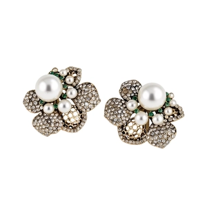 Elegant vintage French court style flower stud earrings with pearls and crystals