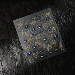 Detail of 5D Halloween nail art stickers with gold spider webs and black cartoon spiders